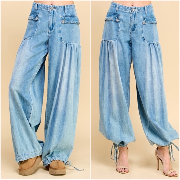 Dark Wash Pocket Wide Leg Ankle 2 way Wide leg Pants - Picture 4 of 8